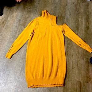 Yellow knit wear and tear turtleneck dress